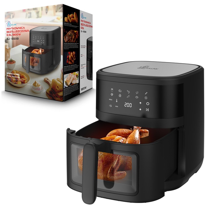 Extralink Air Fryer 6.5L forrólevegős fritőz, 1800W, LED érintőpanel, 8 automata program, kiolvasztás funkció és átlátszó ablak