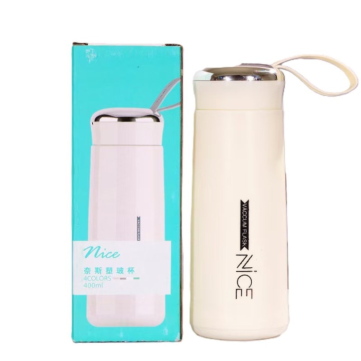 Стъклена бутилка със силиконов калъф, кремав, 400 мл, неръждаема стомана, против протичане, за вода, смутита и топли или студени напитки