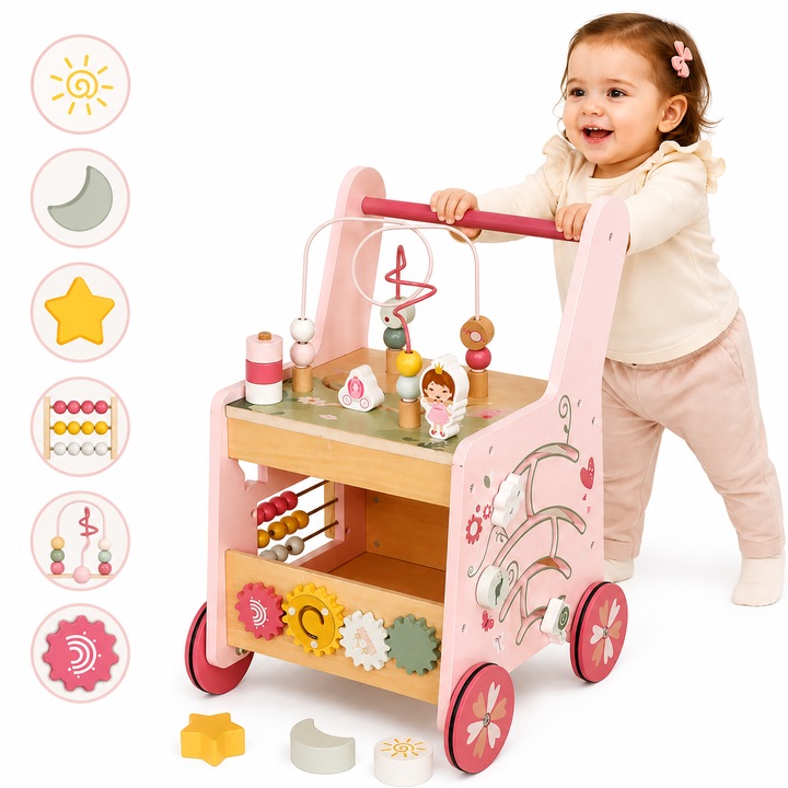 Antemergator Educational si Interactiv 5 in 1 Woody Walker Indiggo®, din Lemn Natural, Tabla senzoriala Montessori, Include Numaratoare, Forme Geometrice Rotative, Labirint cu Animale, Abac, Roti Antiderapante, Woody Pink