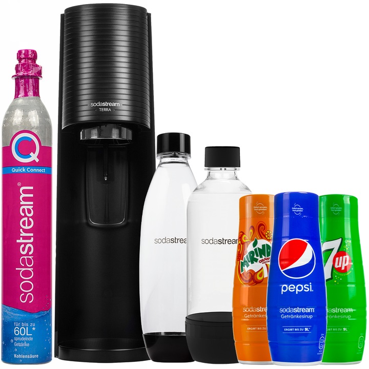 Szódagép szett SodaStream Terra Black + 2 Palack, 1L, Fekete + Szirupok, 3 db