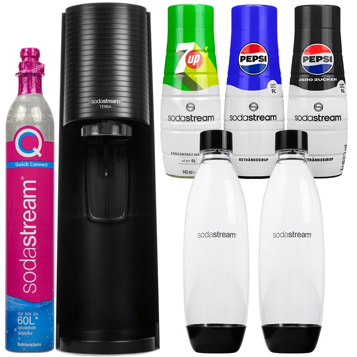 Szódagép szett SodaStream Terra Black + 2 Palack + Szirup Pepsi, 7UP, Pepsi Max, 3 db