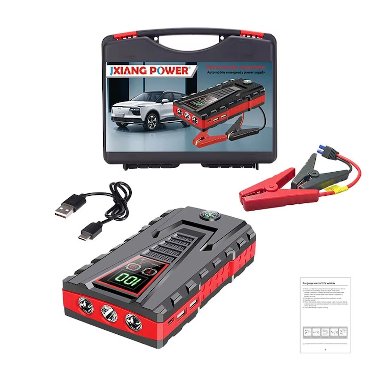 Starter auto portabil cu compresor, 5000A, 12V, pentru motor 6L benzina sau 4L diesel, Power Bank, Lanterna, transport incluse