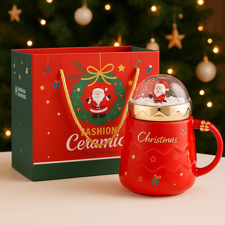 Cana ceramica cadou cu tematica de Craciun, Snow-globe, Capac & maner, Usor de curatat, Material rezistent, Design festiv 400-500ml, Cutie cadou, Rosu