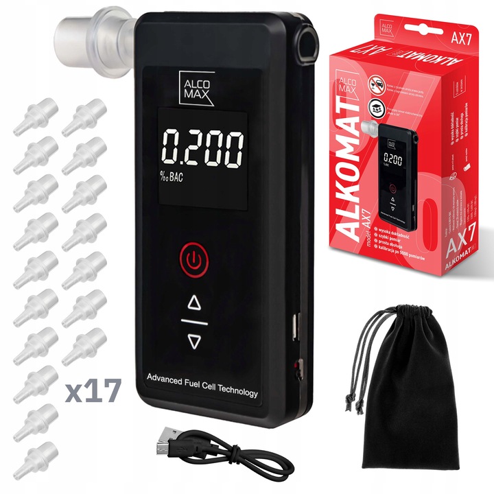 Alcooltest METEO AX7, 17 ustnikuri, precizie 0,001% BAC, LCD, 0-2 promile