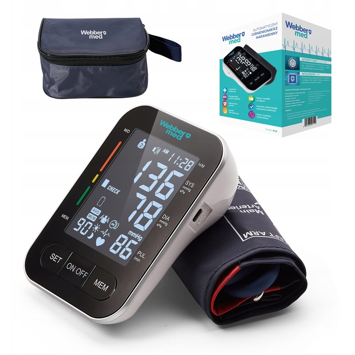 Автоматичен апарат за измерване на кръвно налягане Webber MED B18, универсален маншет 22-42 см, откриване на аритмия, голям LCD екран, 97x137x46 мм