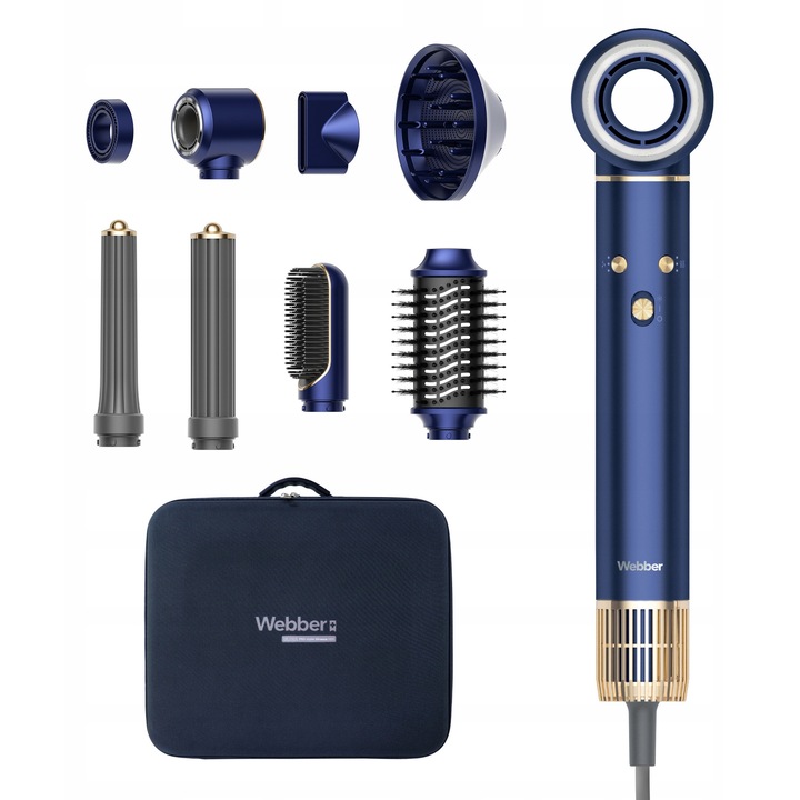 Uscator de par Webber HD4 PRO 8w1, 1300W, tehnologie de ionizare, culoare caprui, set complet de accesorii