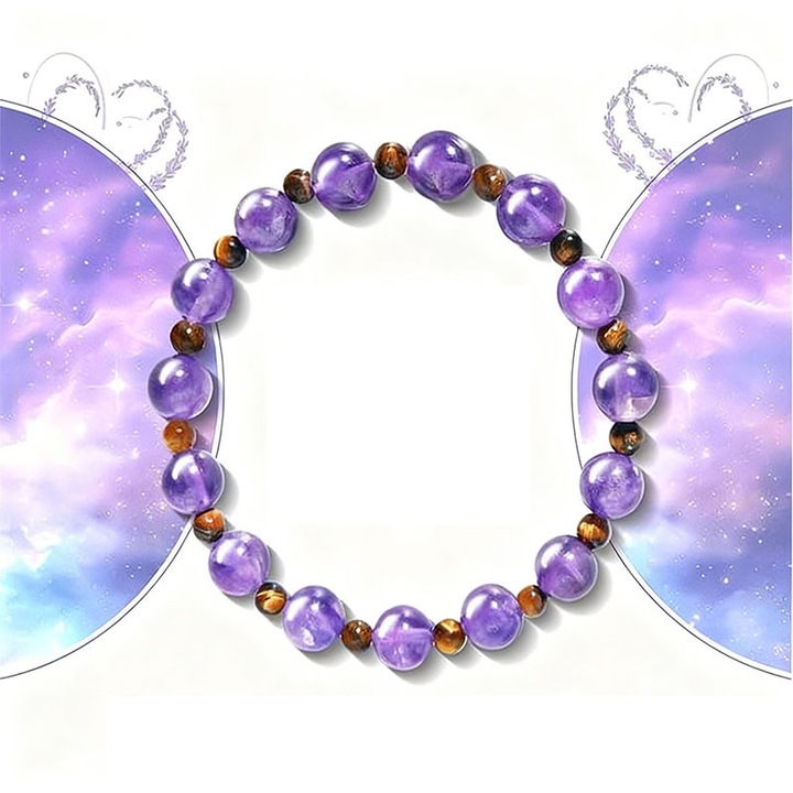 Bratara lucrata manual din ametist natural cu pietre rotunde de 8 mm pentru a ajuta la calmare si ameliorarea stresului