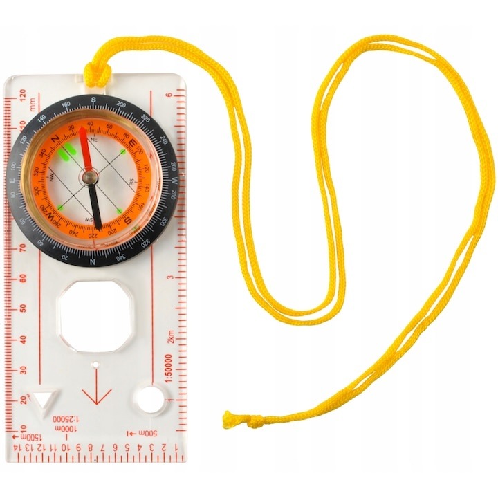 Прозрачен компас за карта Dodaco, с линийка и лупа, бял, 12,7x6x1,6см