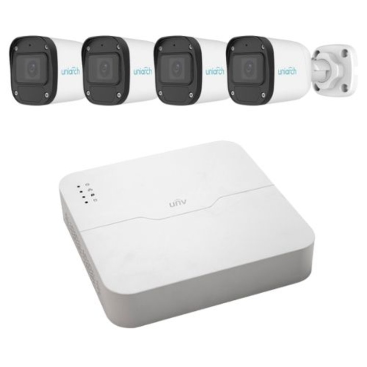 Egyszerű Uniarch megfigyelőrendszer, 4 IP kamera 2MP Full HD, Mobilról való megtekintés, Mikrofon, Kültéri, Éjszakai látótávolság 30m, NVR 4 csatornás PoE