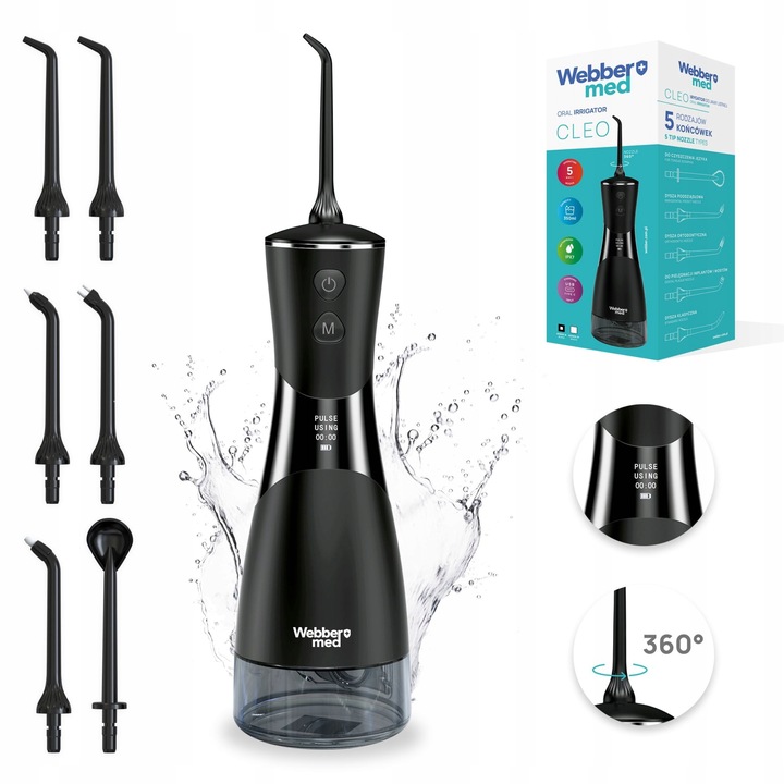 Webber vezeték nélküli szájzuhany, 6 fúvóka, 5 mód, 350 ml, fekete