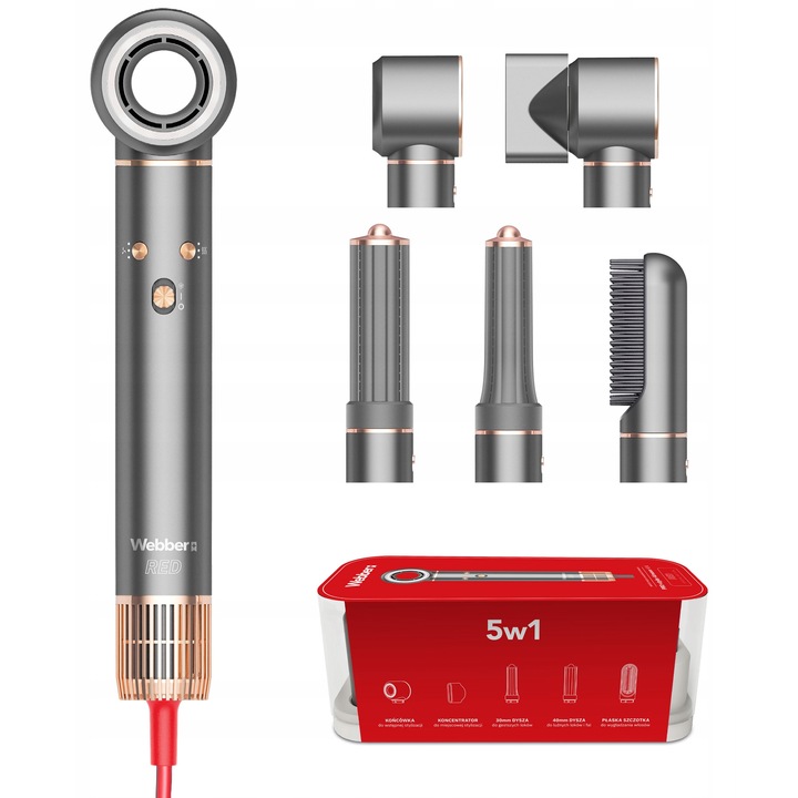 Uscator de par 5 in 1 Webber HD4, 1300W, tehnologie de ionizare, 5 accesorii, culoare aurie