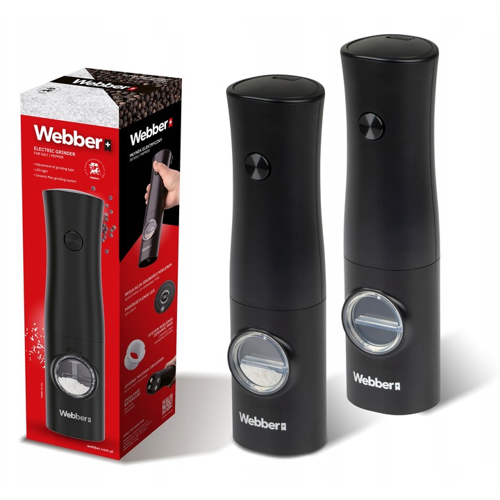 Комплект от 2 електрически мелачки за сол и пипер, Webber, 70мл, черни, LED осветление