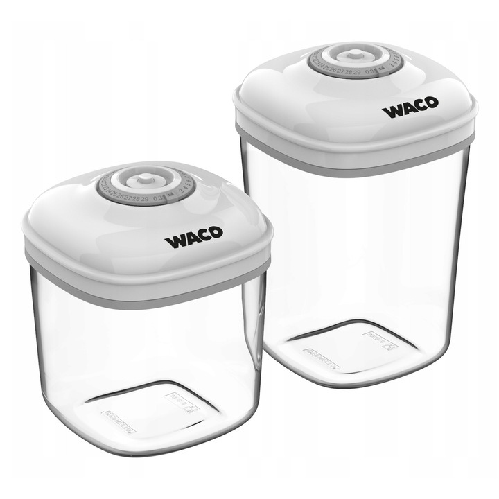 Set 2 recipiente vacuum WACO 2L + 1,5L, poliester rezistent, cu datator, transparent, 14,4x14,4x22cm, 14,4x14,4x17cm