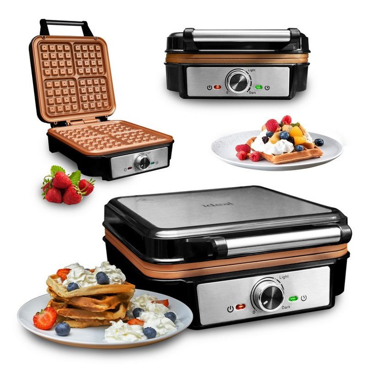 Aparat de gofre, Ideal IK1602, 4 gofre, 1200W, negru, dimensiuni compacte