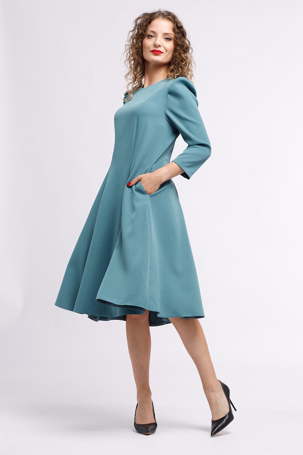 CAMISSI, Rochie midi plisata cu buzunare laterale, Verde marin, S-M