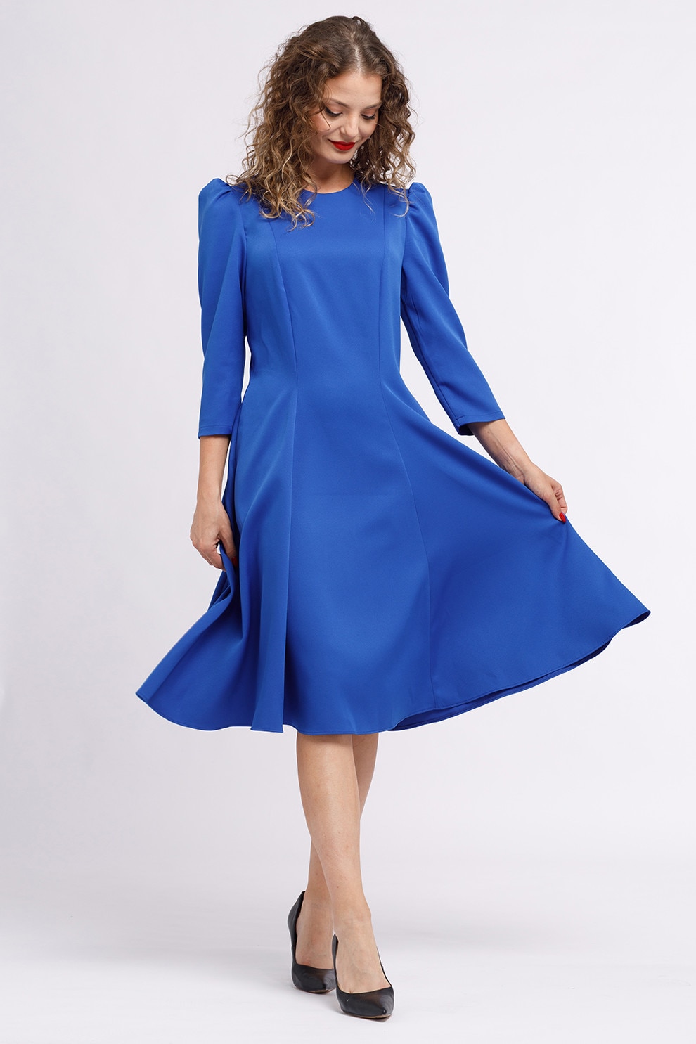 CAMISSI, Rochie midi plisata cu buzunare laterale, Albastru royal, S-M