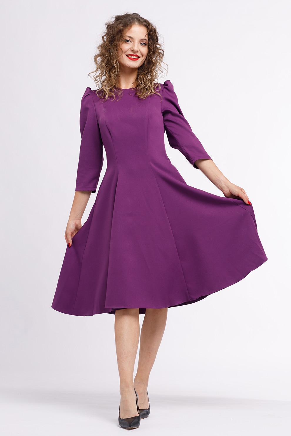 CAMISSI, Rochie midi plisata cu buzunare laterale, Violet, L-XL