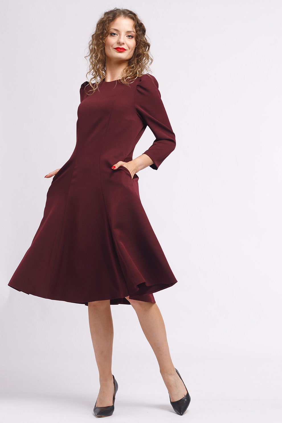 CAMISSI, Rochie midi plisata cu buzunare laterale, Visiniu, L-XL