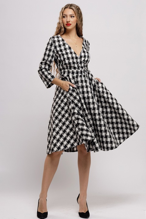 CAMISSI, Rochie mini cu croiala in A si buzunare, Alb/Negru/Gri