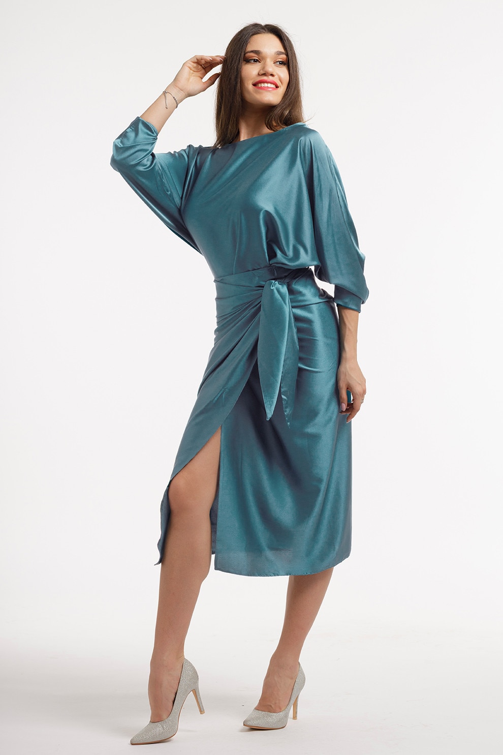 CAMISSI, Rochie petrecuta cu slit pe partea din fata, Verde marin, L-XL