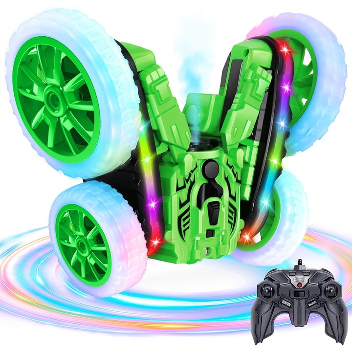 Masina cu telecomanda, RC, cascadorie, rotire 360°, verde, 14,8x13,8x8,5 cm