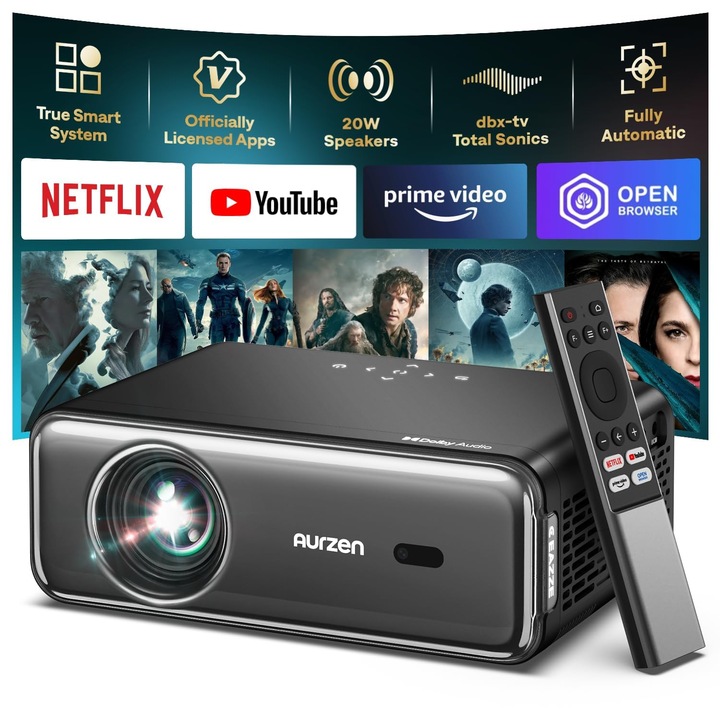 AURZEN Full HD 1080P projektor, 4K támogatás, Dolby Audio, autofókusz, többszínű