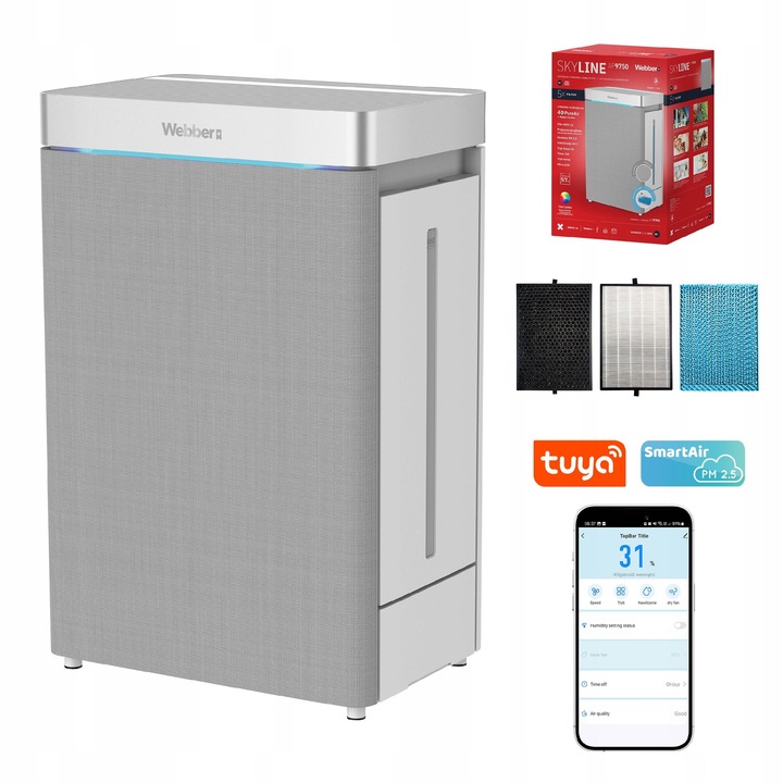 Purificator de aer, WEBBER, AP9750, Wi‑Fi, filtru HEPA 13, Carbon, Apa, Filtrare aer, Umidificare, Indicator de poluare a aerului, Control prin Smartphone, Timer, 100W, Purificare in mai multe etape