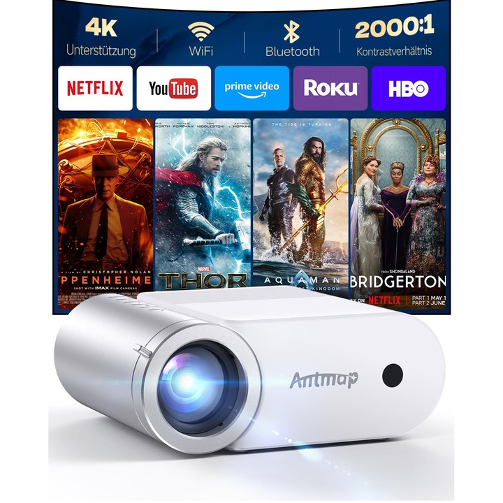 Antmap 4K mini projektor, Bluetooth, Wifi, 1080P, 400 Ansi, otthoni/kültéri használatra