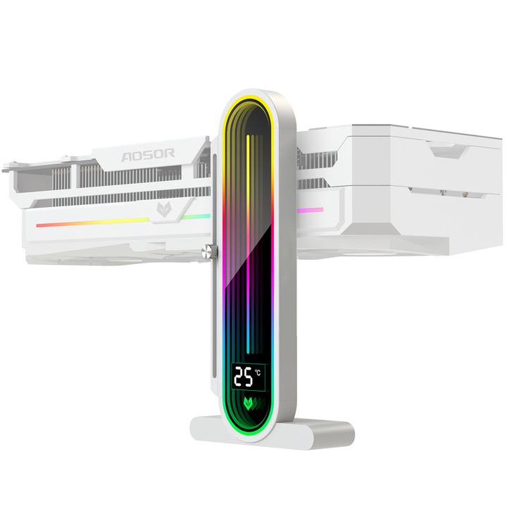 Suport pentru placa video, eleBite®, ajustabil pe inaltime, baza magnetica, afisaj temperatura, suport puternic, lumina RGB cu efect oglinda, DC 5V, 93x33x190mm, alb