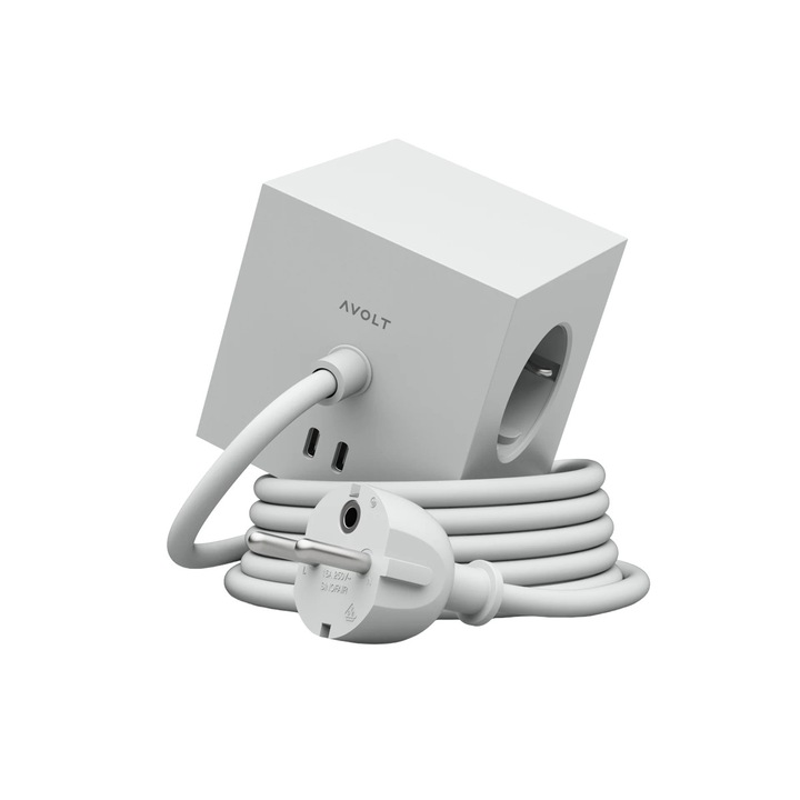 Кубичен удължител AVOLT, Square 1, 3 контакта, 2xUSB-C, магнитна основа, кабел 1.8 метра, идеален за дома/офиса, минималистичен дизайн, сив