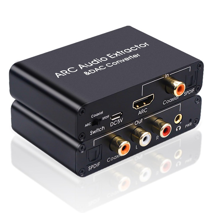 Convertor Audio, BIGLISTENING®, Adaptor HDMI ARC Audio Extractor, 192KHz, Convertor Digital la Analog, HDMI ARC, Optical/SPDIF Coaxial, Jack Stereo L/R 3.5mm Pentru TV, Negru