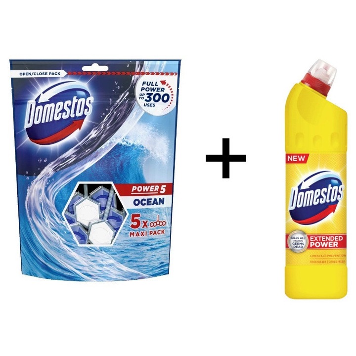 Domestos set Power5 Ocean bară WC 5X55g + Citrus Fresh 750ml