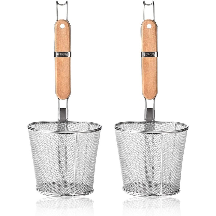Rozsdamentes acél tésztaszűrő fa nyéllel, 2 darabos készlet, 14 cm átmérő