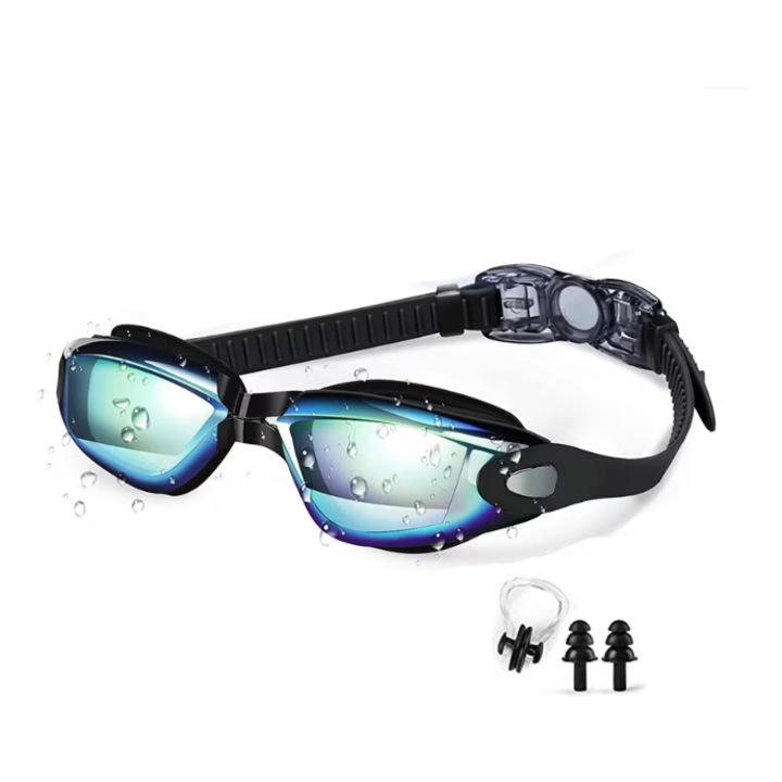 Set de inot Sarphia Store, Ochelari Anti-UV/ anti-aburire, dopuri urechi, cleste nas, Policarbonat/Silicon, marime reglabila, Negru