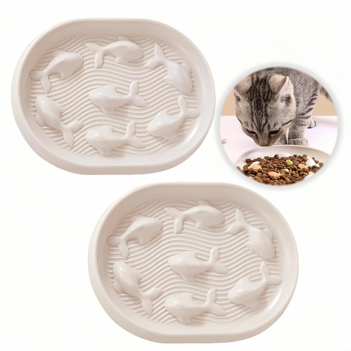 Castroane pentru pisici, alimentator lent, non-alunecare, 2x flat bowls