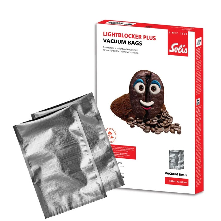 Set 50 pungi pentru vidat universale Solis, Lightblocker, 20 x 30 cm, fara BPA, ideale pentru vidarea cafelei/ceaiului/nuci/mirodenii/cacao, compatibile cu orice aparat de vidat, protejeaza impotriva razelor soarelui, reutilizabile, argintiu