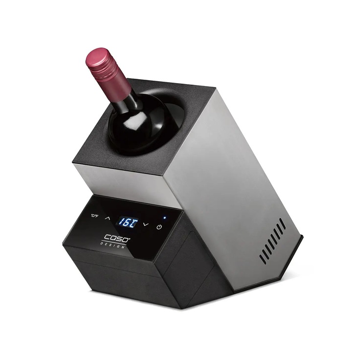 Racitor pentru vin portabil Caso Germany, WineCase Deluxe, capacitate 1 sticla, reincarcabil, design elegant, calitate premium, ideal cadou, temperatura reglabila 5-18°C, display LED, control touch, carcasa robusta din otel inoxidabil, inox