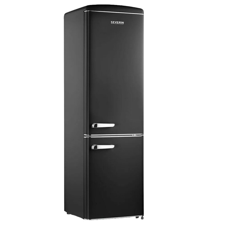 Ретро хладилник с фризер Severin, H 183 см, Общ капацитет 244 л, 4 звезди бързо замразяване, 4 рафта от закалено стъкло, Отделение за плодове/зеленчуци, Контрол на температурата, LED вътрешно осветление, Включена поставка за яйца, Хромирани дръжки, Черен