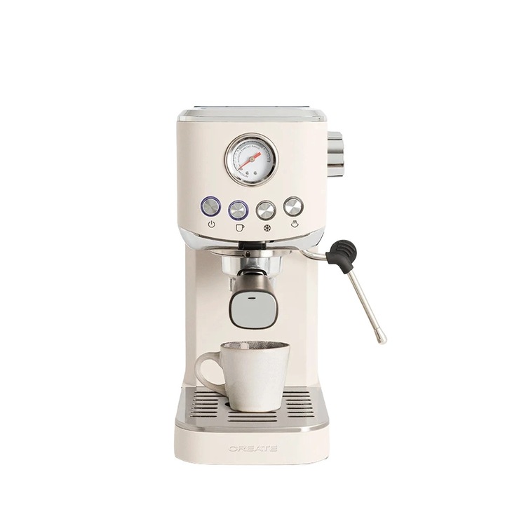 Espressor semiautomat CREATE, Thera Classic Compact, 20 bari, 1.2 litri, ideal pentru toate specialitatile de cafea, compatibil cu cafea macinata/ESE pads, manometru, functie cafea rece, duza spumare lapte, incalzire rapida, placa incalzire cesti, crem