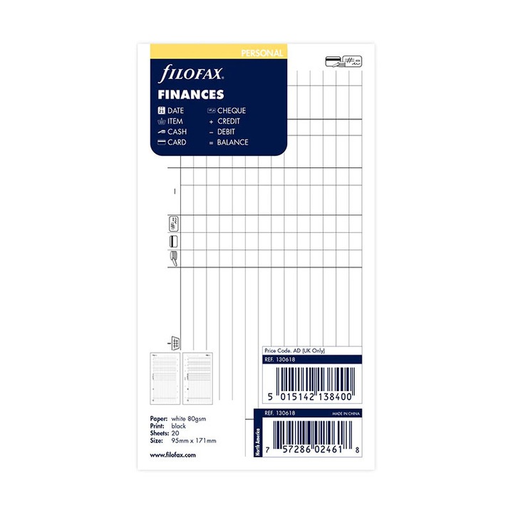Rezerve pentru organizator Filofax Personal, finanțe