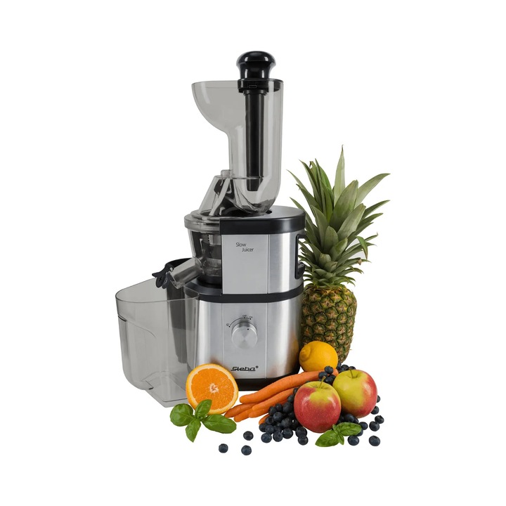 Storcator de fructe si legume Steba Germany, Slow Juicer, design minimalist, doua recipiente colectare suc si pulpa, picioare antiaderente, functie reverse, compatibil cu masina de spalat vase, 400 W, inox