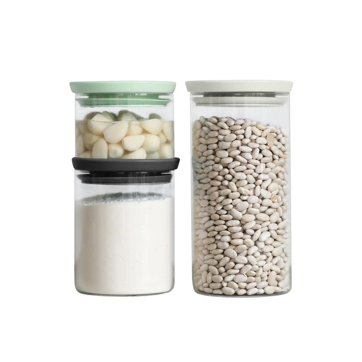 Set 3 recipiente din sticla pentru depozitare alimente Brabantia, 3 dimensiuni, 0.3-1.1 l, include capace etanse, ideal pentru paste, cafea, zahar, faina, pastreaza prospetimea, lavabila in masina de spalat vase, transparent