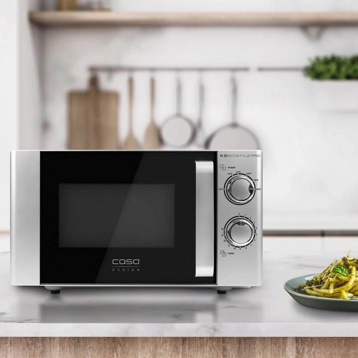 Cuptor cu microunde Caso Germany, Ecostyle Pro, capacitate 20 litri, platou rotativ Ø 24.5 cm, 6 trepte de putere, functie decongelare/incalzire/gatire, timer, lumina interioara, comutatoare rotative, usor de curatat, design modern, inox