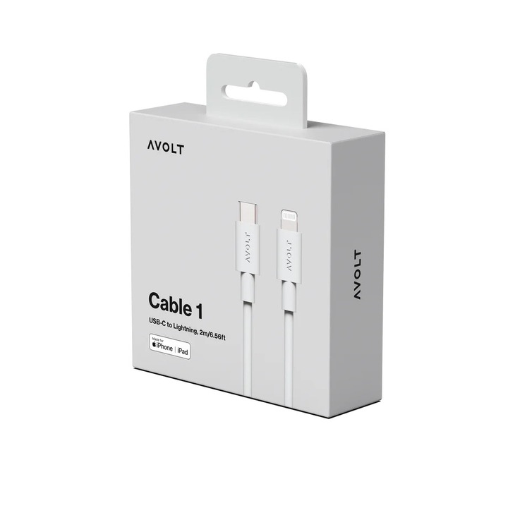 Adatkábel és gyorstöltő USB-C/Lightning Apple AVOLT, Fast Charge, 60 W, 2 méter, szilikon anyag, minimalista design, szürke