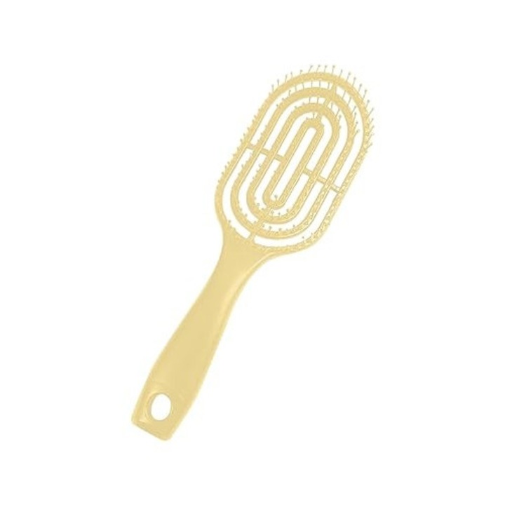 Perie de par profesionala, ventilata, anti incurcare, forma ovala, cu peri flexibili si maner ergonomic, pentru uscare rapida si coafare zilnica, galben