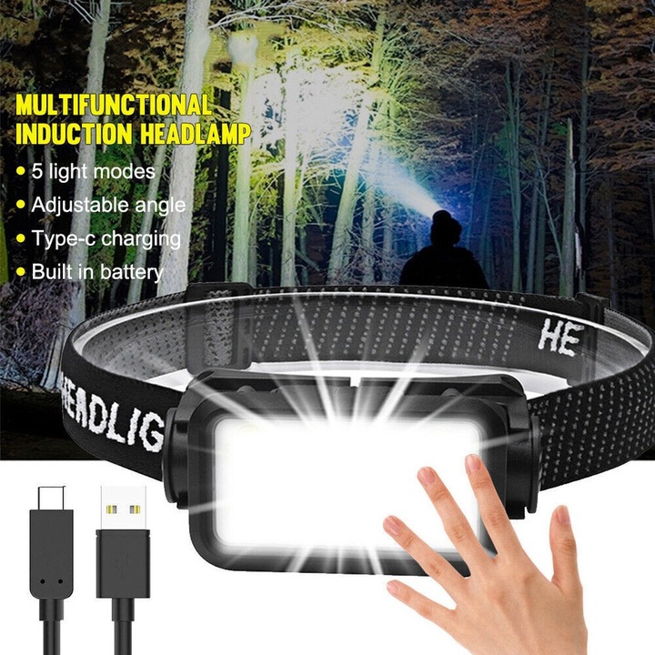 Lanterna LED de cap USB reincarcabila, 500lm, neagra, cu banda elastica ajustabila