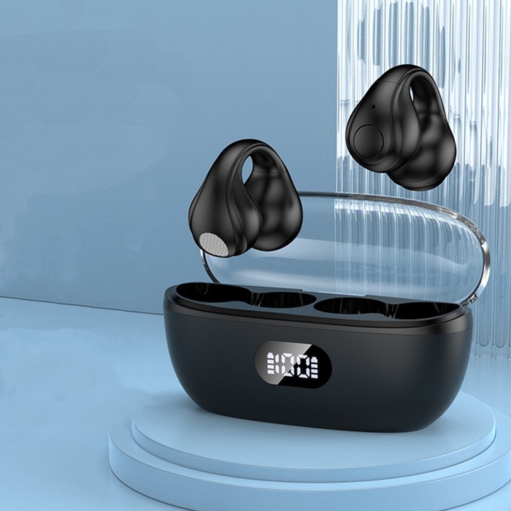 Casti wireless Bluetooth, clip-on, dual-sided stereo, negru, dimensiuni variate