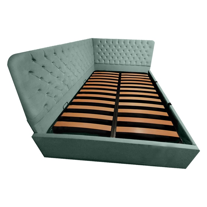 Pat Vega - Stanga tapitat 140x190cm cu somiera rabatabila si spatiu de depozitare verde menta