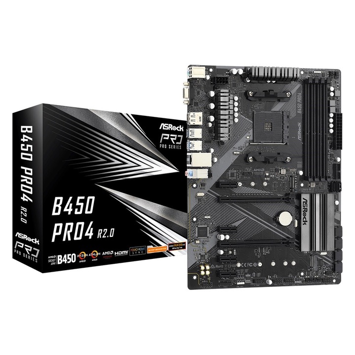 Дънна платка ASRock B450 PRO4 R2.0, 4 слота за RAM, 6 SATA порта, 305x224mm