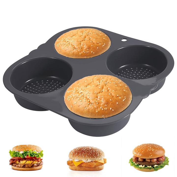 Forma antiaderenta pentru hamburger, tava din silicon pentru copt briose cu gauri de ventilatie, tava rotunda pentru copt paine cu suport pentru hamburger si briose 23,5 * 23,5 * 4 cm